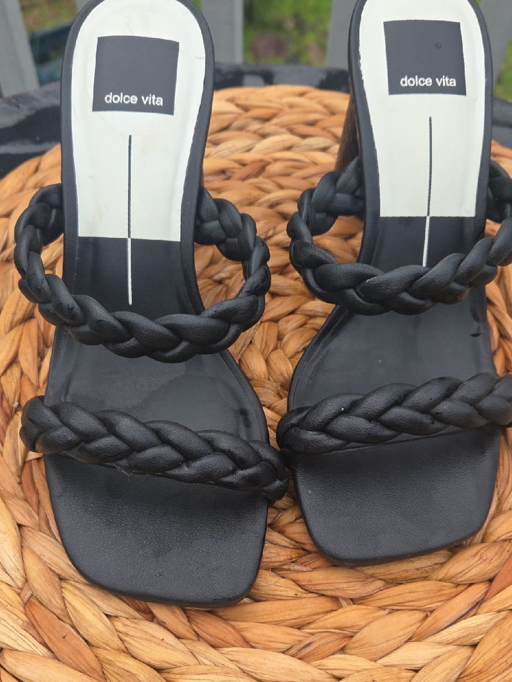 Dolce Vita Black Braided Strap Square-Toe Heeled Sandals